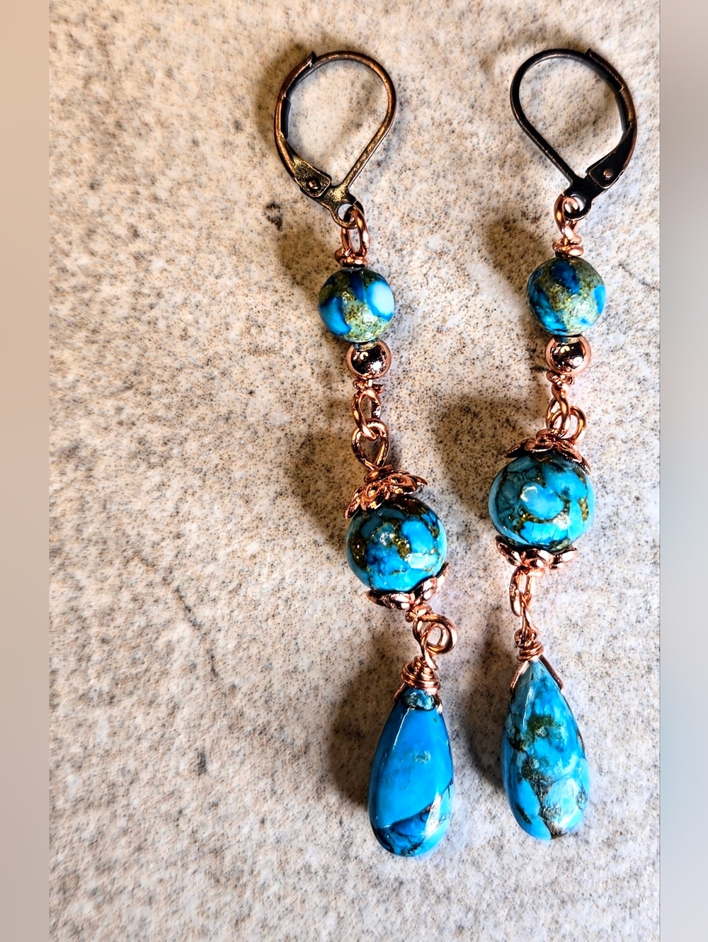 Genuine Copper Turquoise In Three Tiered Handmade Artisan Copper Earrings